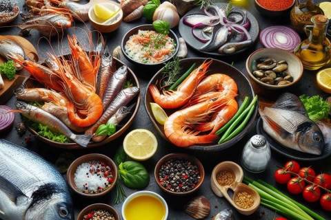Tisch mit Fischen, Garnelen, Kochzubehör und mehr - Erstellt durch Bing Image Creator